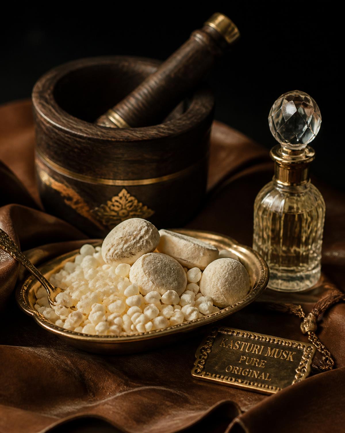 Kasturi musk grains in a brass dish beside a walnut mortar